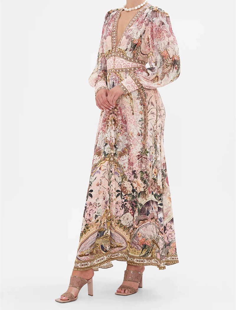 Printing V-neck niche jumpsuit big skirt retro long dress