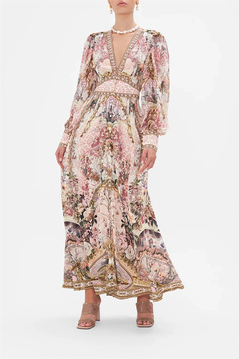 Printing V-neck niche jumpsuit big skirt retro long dress