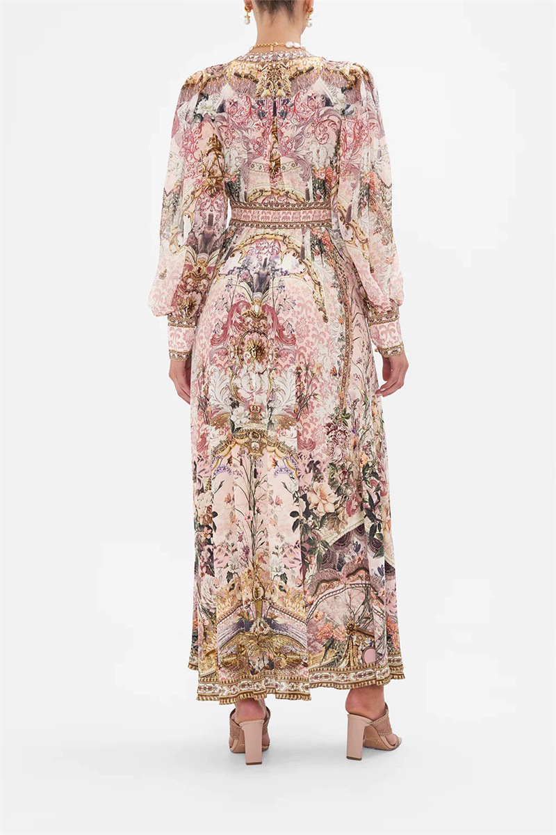 Printing V-neck niche jumpsuit big skirt retro long dress