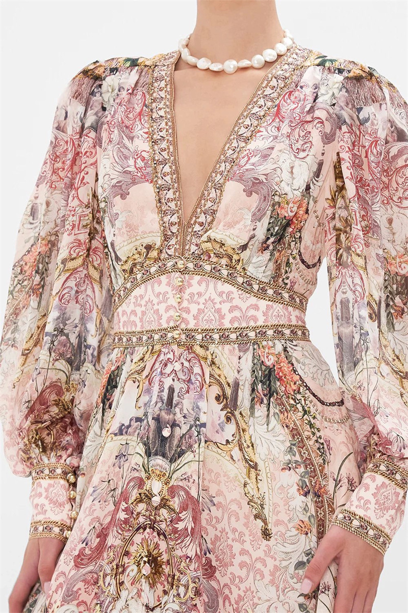 Printing V-neck niche jumpsuit big skirt retro long dress