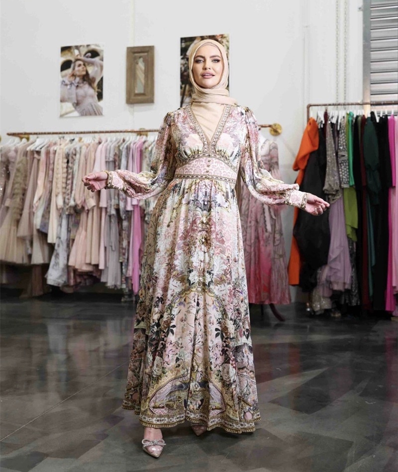 Printing V-neck niche jumpsuit big skirt retro long dress