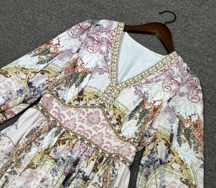 Printing V-neck niche jumpsuit big skirt retro long dress