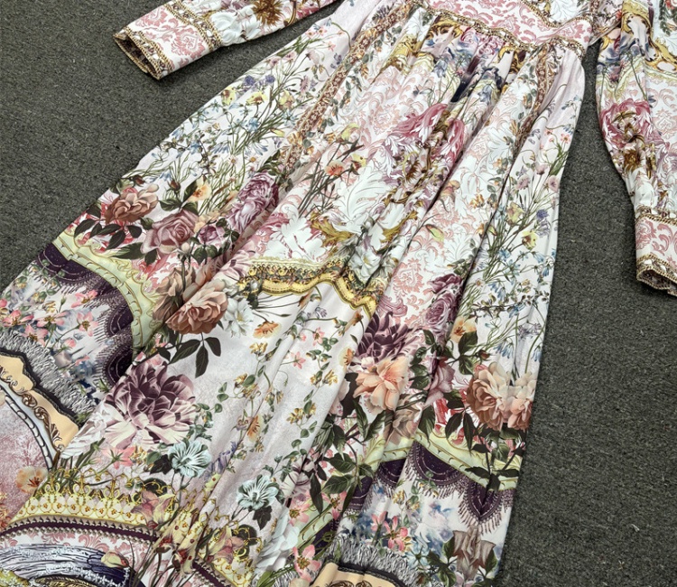 Printing V-neck niche jumpsuit big skirt retro long dress