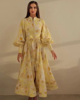 Lantern sleeve flowers cardigan single-breasted retro long dress