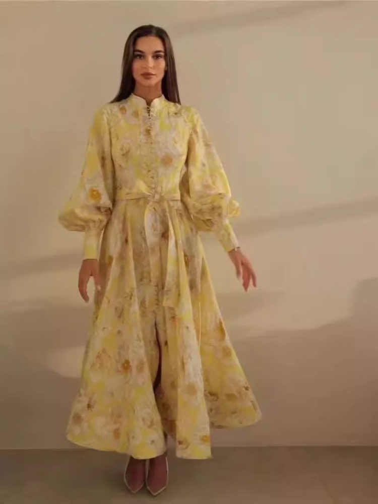 Lantern sleeve flowers cardigan single-breasted retro long dress