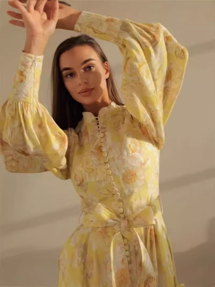 Lantern sleeve flowers cardigan single-breasted retro long dress