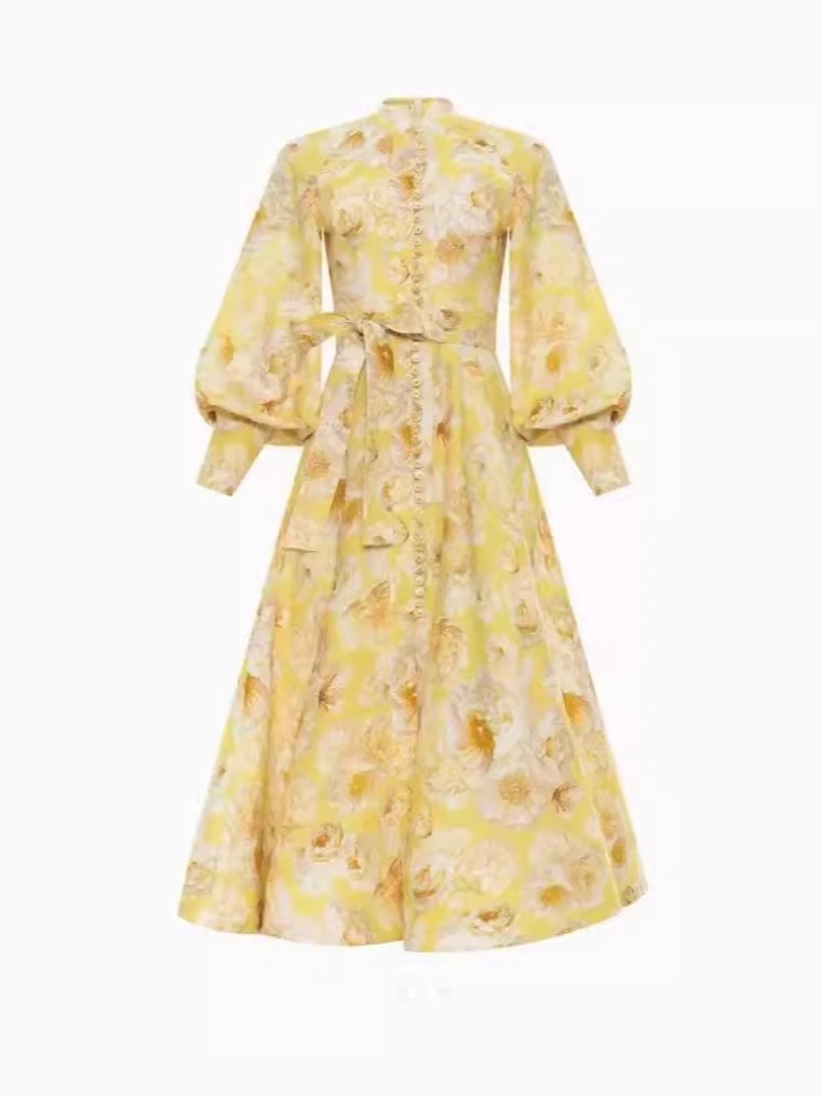 Lantern sleeve flowers cardigan single-breasted retro long dress
