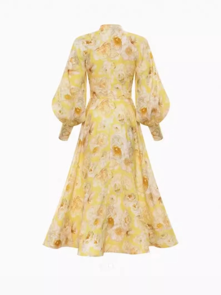 Lantern sleeve flowers cardigan single-breasted retro long dress
