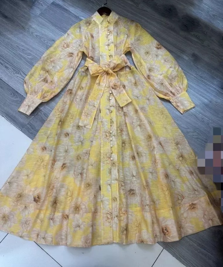 Lantern sleeve flowers cardigan single-breasted retro long dress