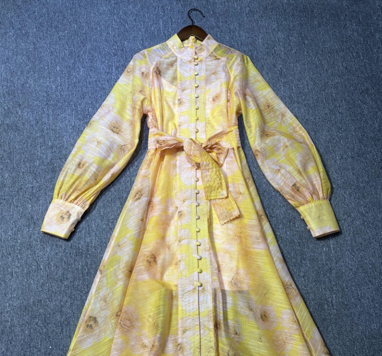 Lantern sleeve flowers cardigan single-breasted retro long dress