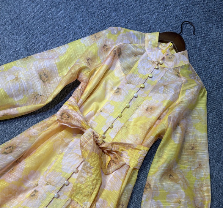 Lantern sleeve flowers cardigan single-breasted retro long dress