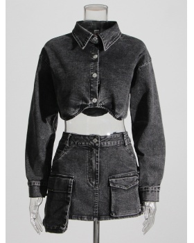 Gray summer coat denim irregular skirt 2pcs set for women