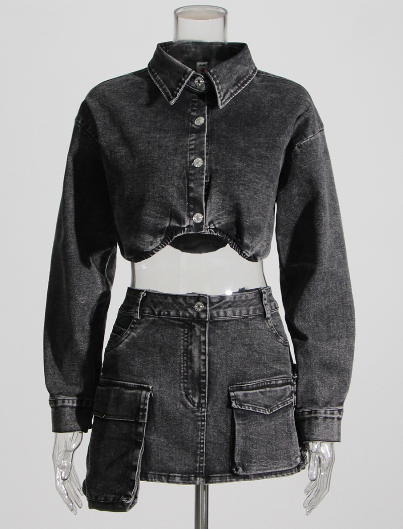 Gray summer coat denim irregular skirt 2pcs set for women