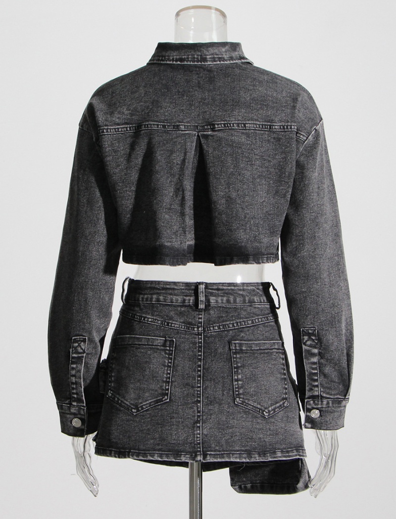 Gray summer coat denim irregular skirt 2pcs set for women