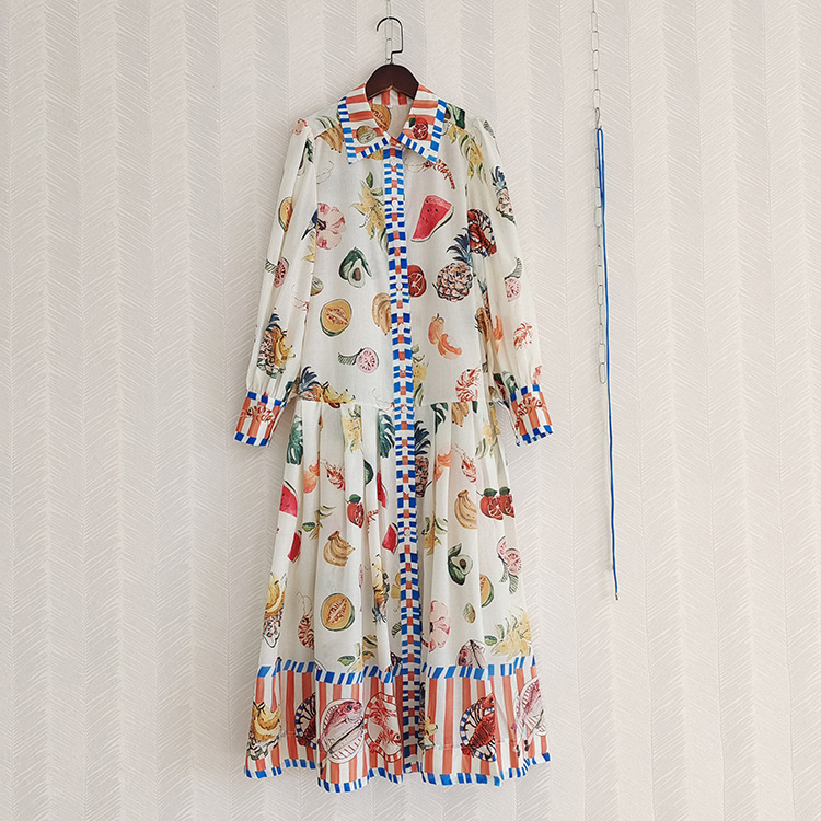 Frenum fashion spring long dress lantern sleeve printing dress