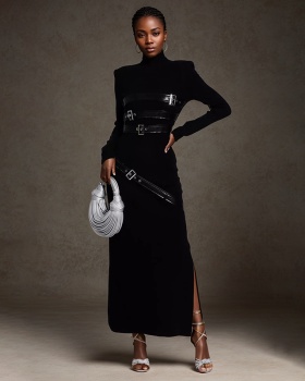 Cstand collar long sleeve long dress frenum dress