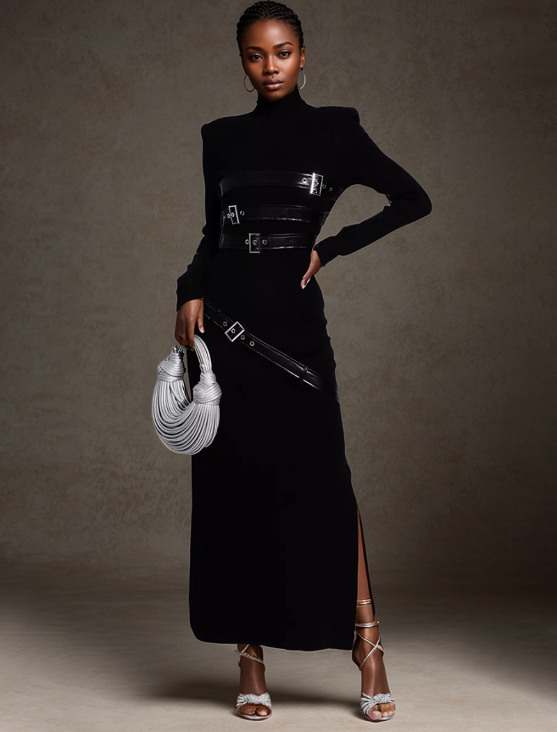 Cstand collar long sleeve long dress frenum dress
