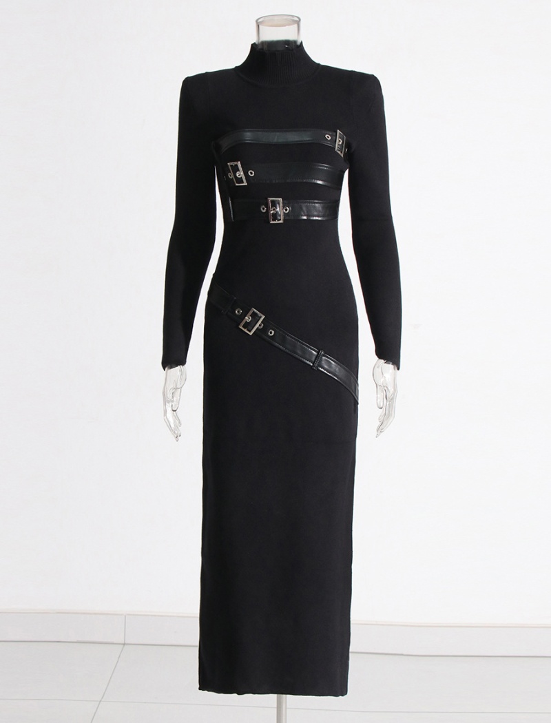 Cstand collar long sleeve long dress frenum dress