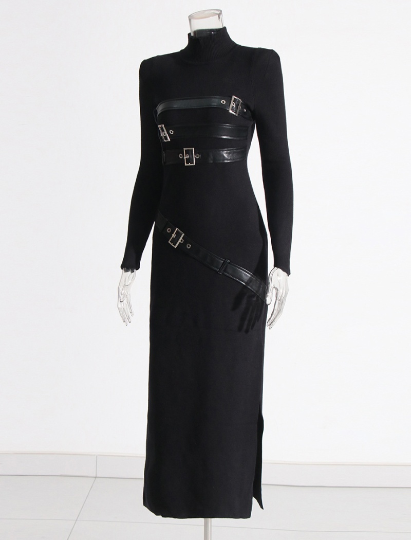Cstand collar long sleeve long dress frenum dress