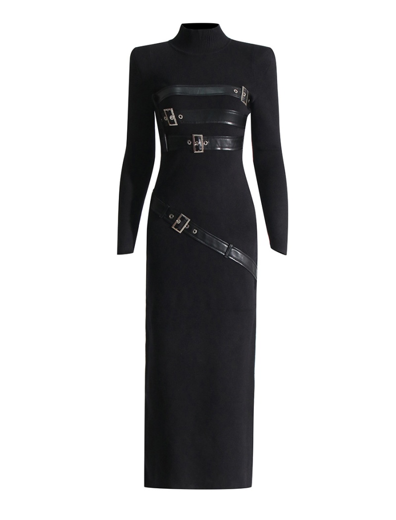 Cstand collar long sleeve long dress frenum dress