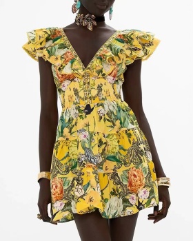 Fashion printing T-back A-line boats sleeve dress