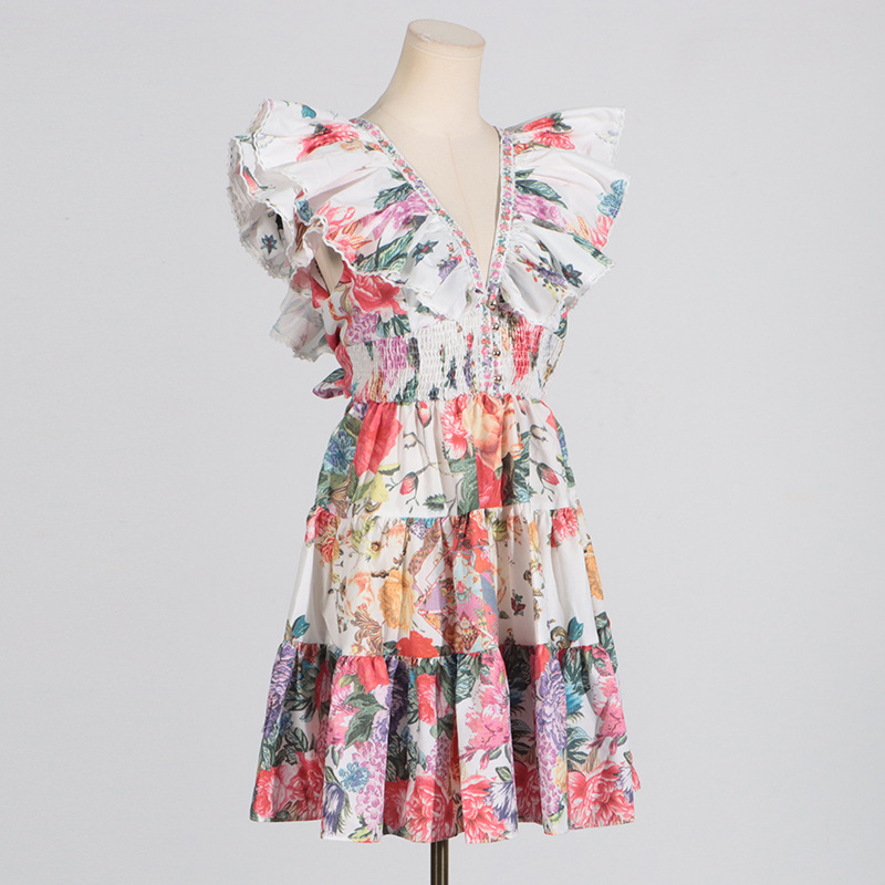 Fashion printing T-back A-line boats sleeve dress