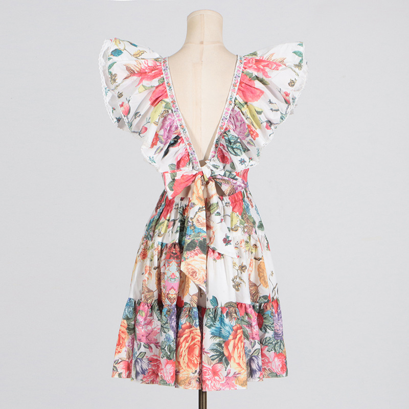 Fashion printing T-back A-line boats sleeve dress