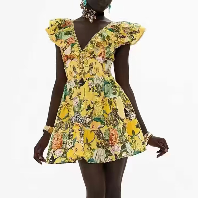 Fashion printing T-back A-line boats sleeve dress