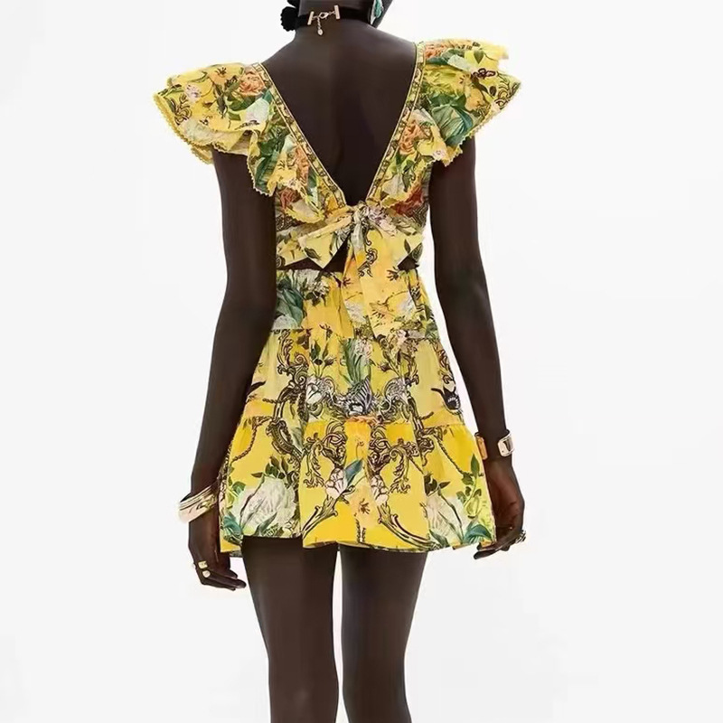 Fashion printing T-back A-line boats sleeve dress