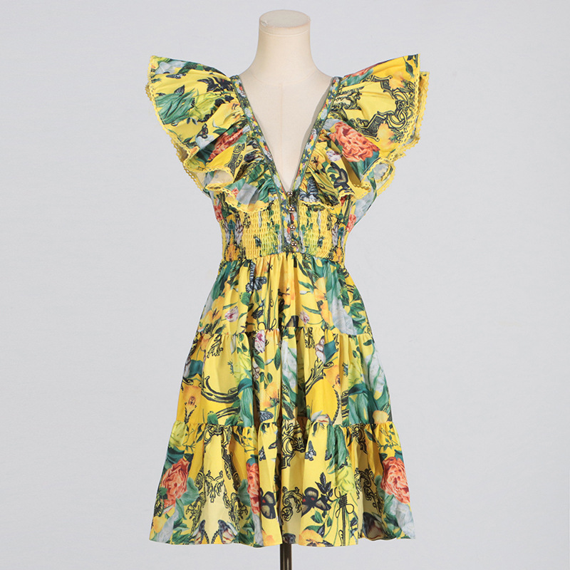 Fashion printing T-back A-line boats sleeve dress
