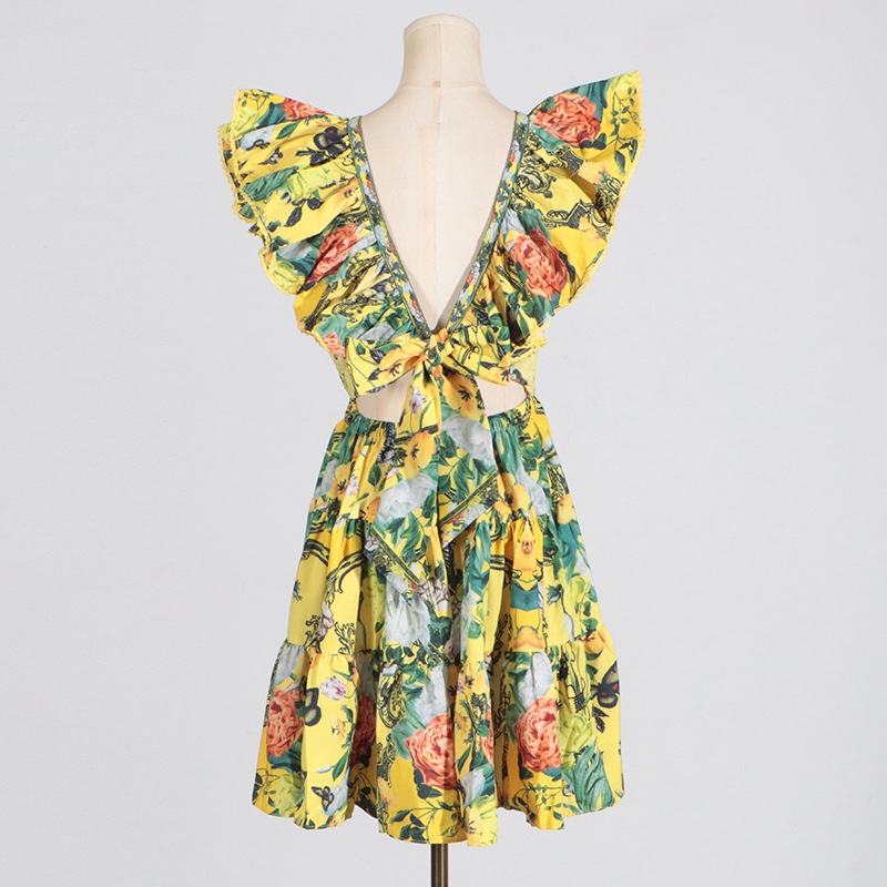 Fashion printing T-back A-line boats sleeve dress