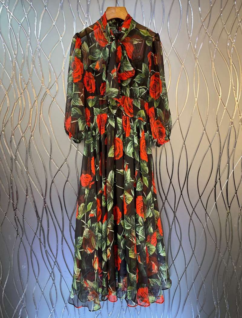 Spring bandage long dress chiffon printing dress