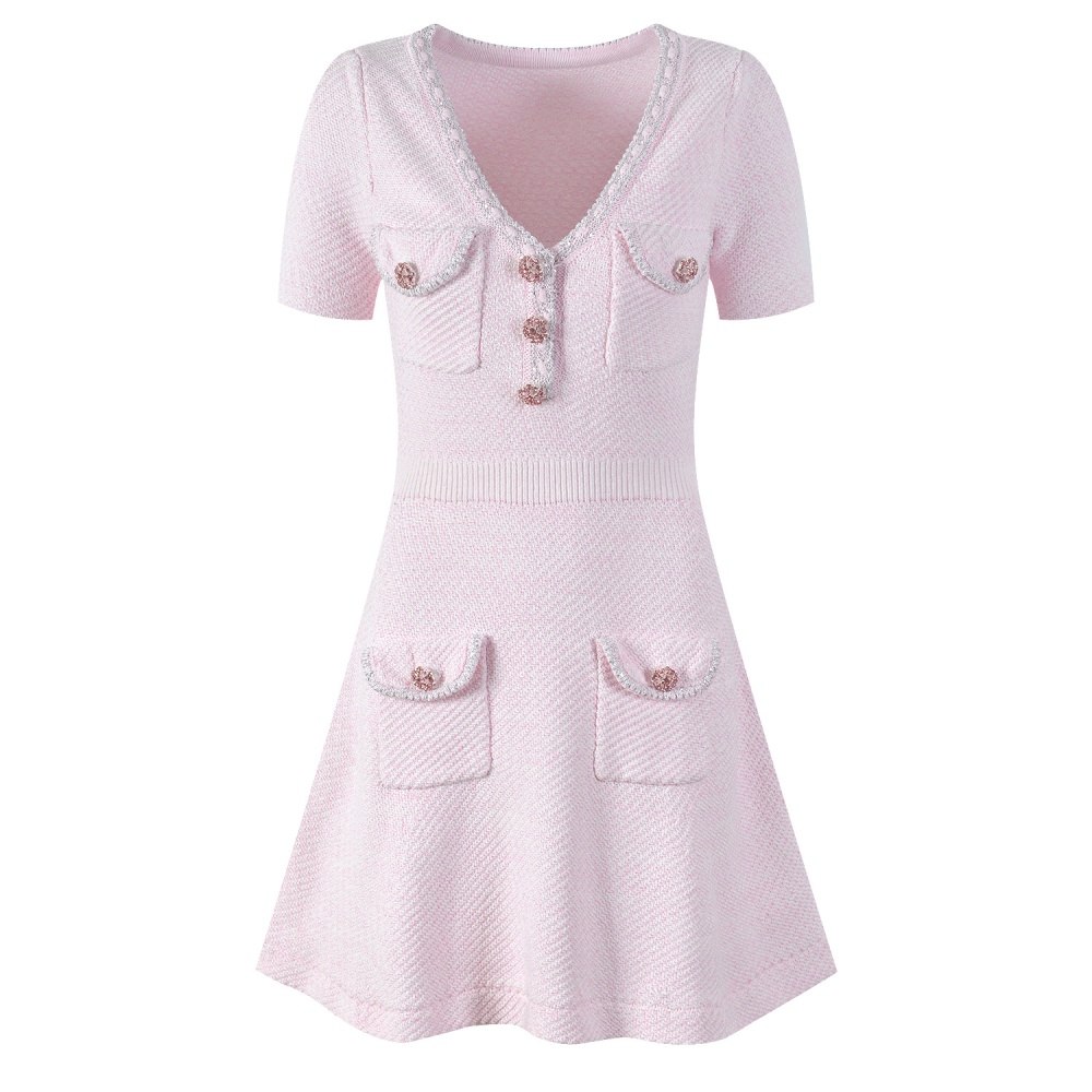 Show young commuting pink dress V-neck chanelstyle T-back