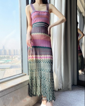 Long sling ripple printing pleated dress