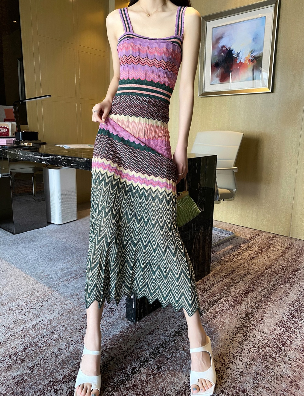 Long sling ripple printing pleated dress