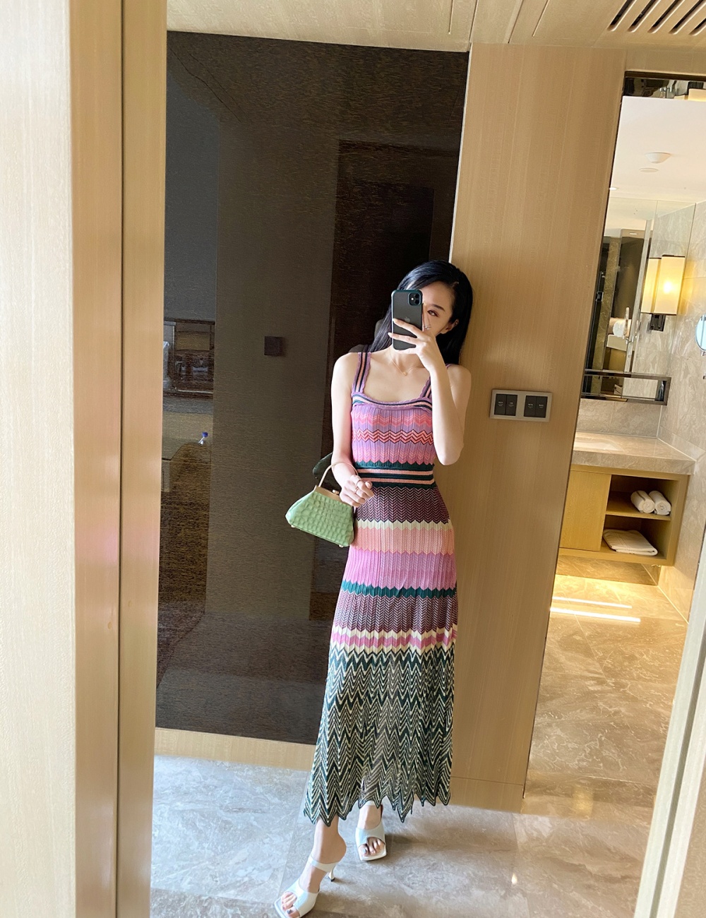 Long sling ripple printing pleated dress