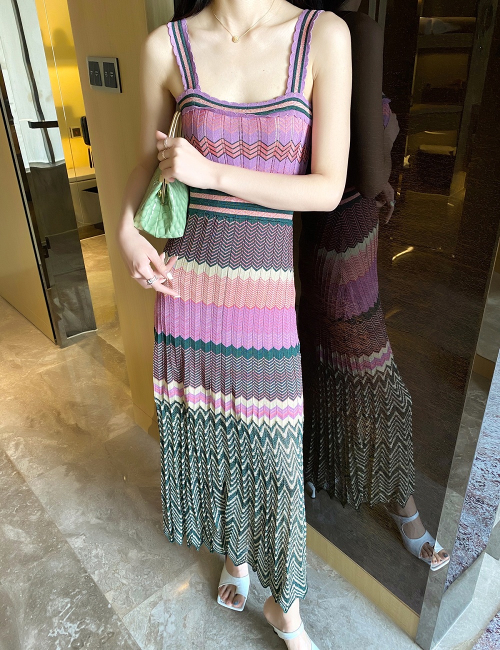 Long sling ripple printing pleated dress