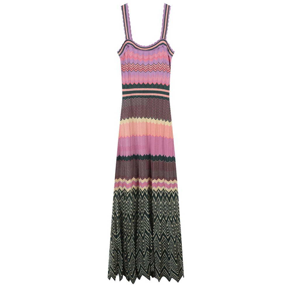 Long sling ripple printing pleated dress