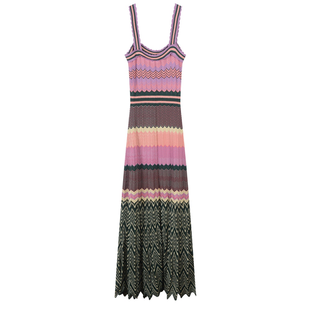 Long sling ripple printing pleated dress