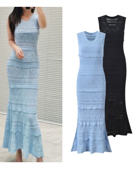 Mermaid sling elasticity vest slim hollow jacquard dress a set