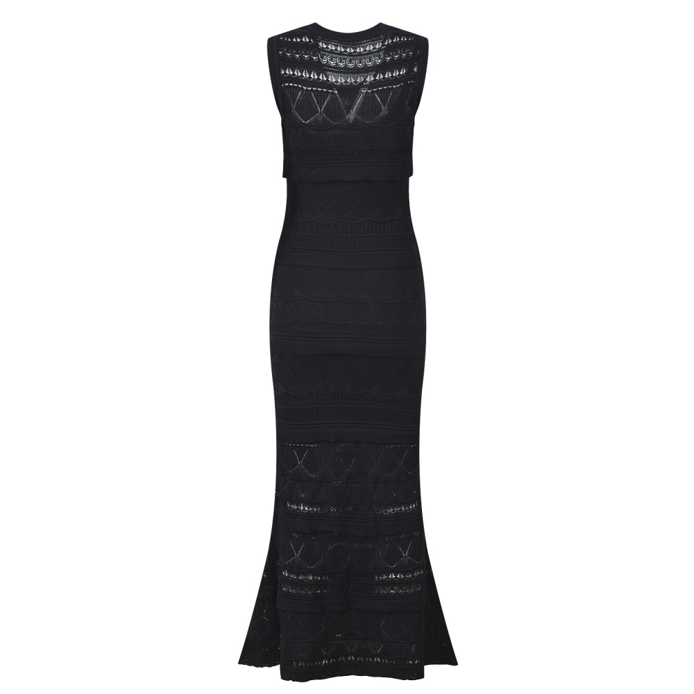 Mermaid sling elasticity vest slim hollow jacquard dress a set