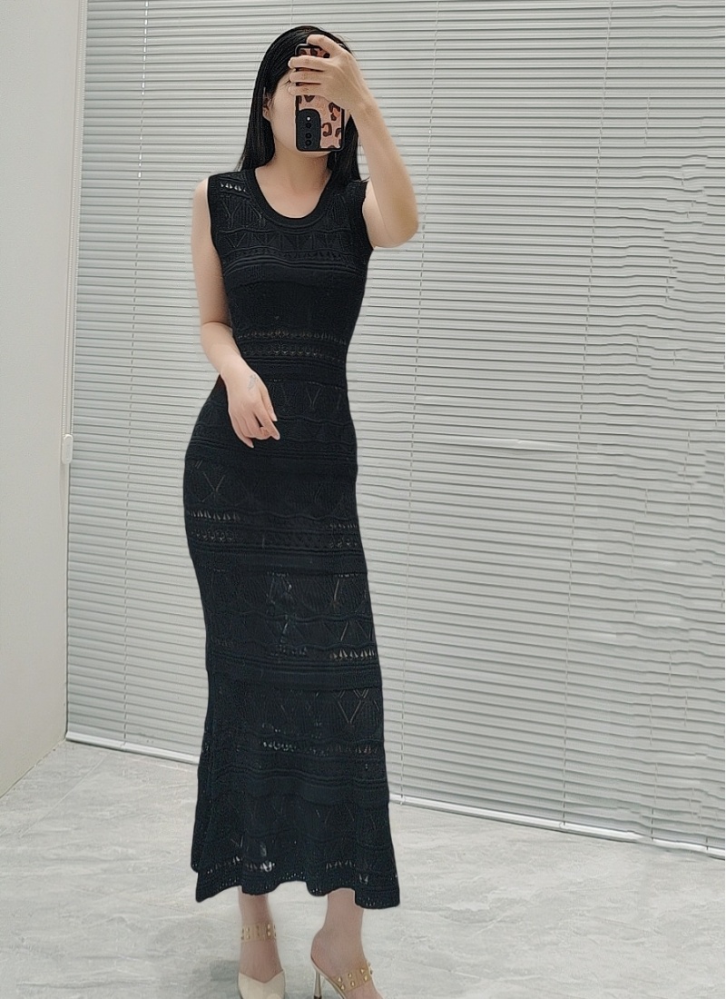 Mermaid sling elasticity vest slim hollow jacquard dress a set