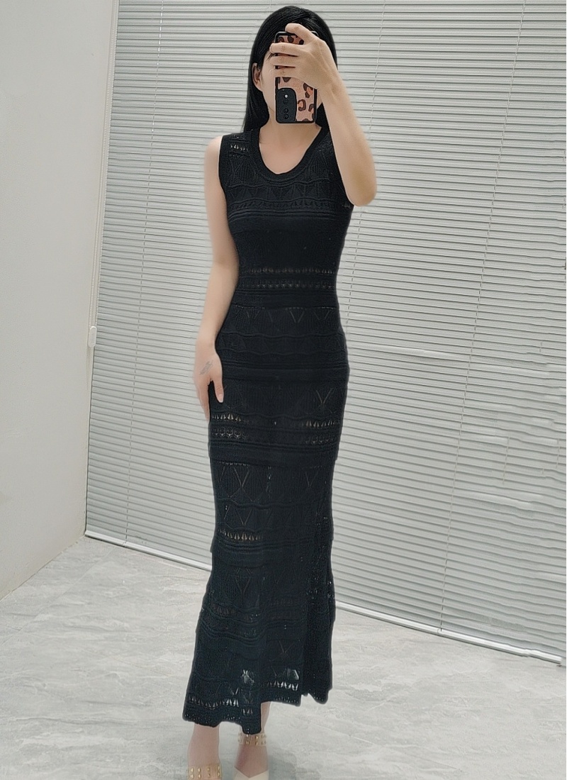 Mermaid sling elasticity vest slim hollow jacquard dress a set
