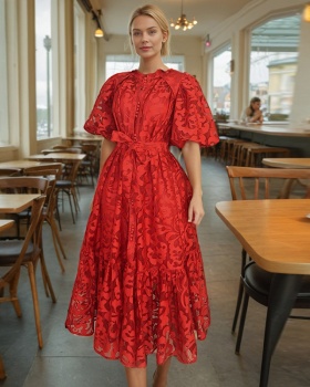 Retro summer long dress round neck single-breasted dress
