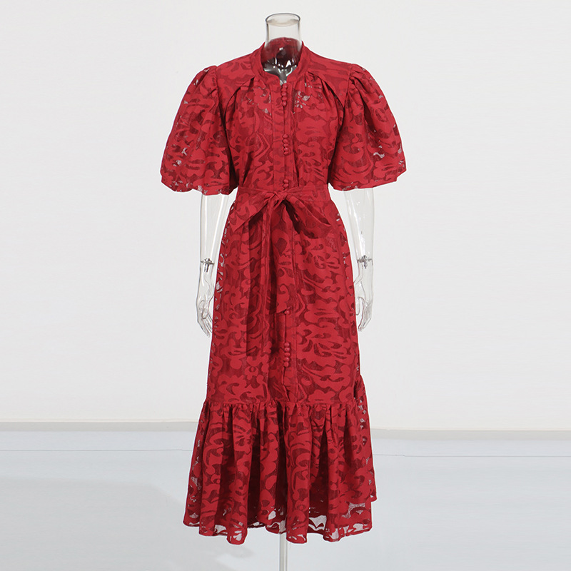 Retro summer long dress round neck single-breasted dress