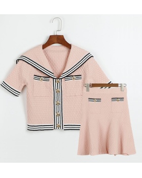 Short sleeve navy style tops knitted short skirt a set