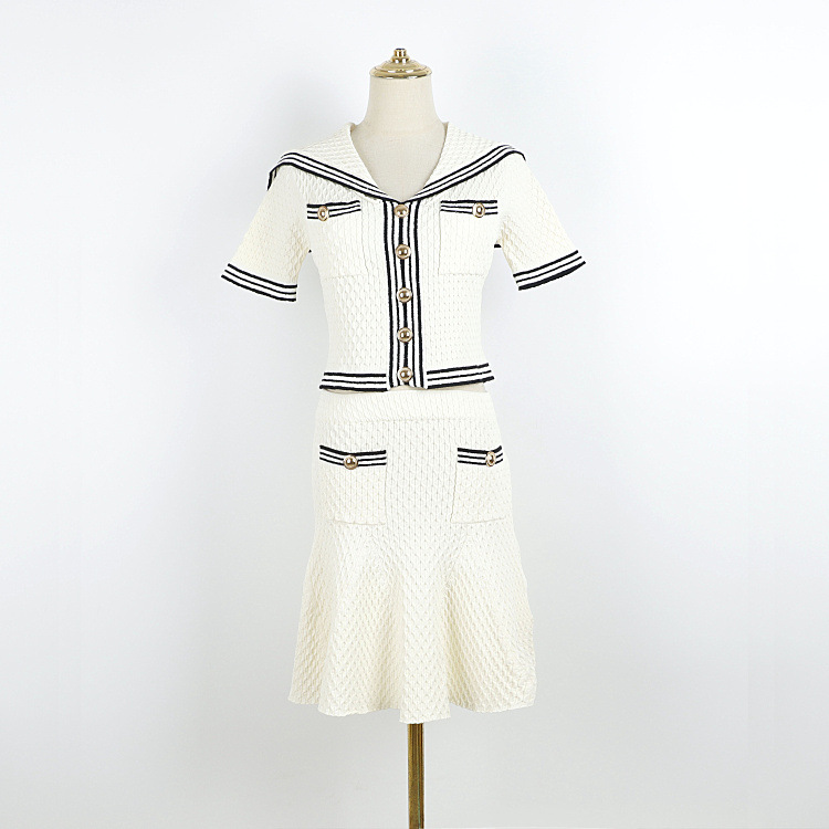 Short sleeve navy style tops knitted short skirt a set