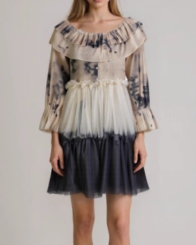Lotus leaf edges splice T-back ink elegant dress