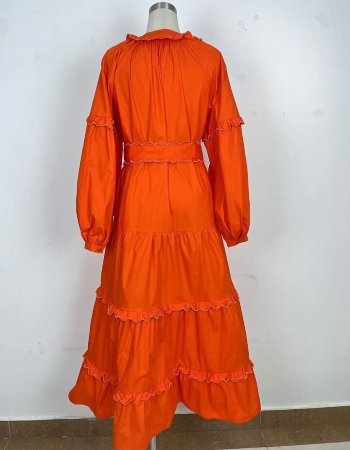 Lantern sleeve round neck long dress spring red dress