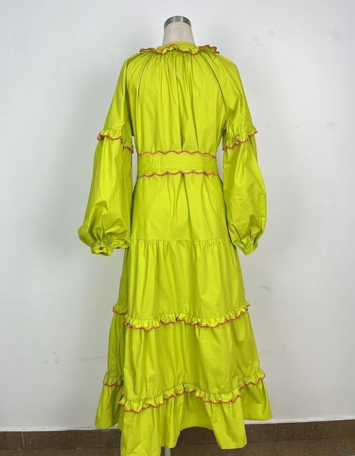 Lantern sleeve round neck long dress spring red dress